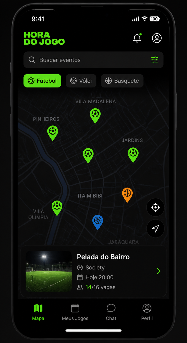 Tela real do mapa esportivo do aplicativo Hora do Jogo